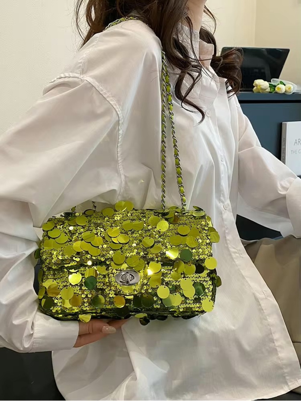 SHEIN Lime Green Sequin Chain Shoulder Bag